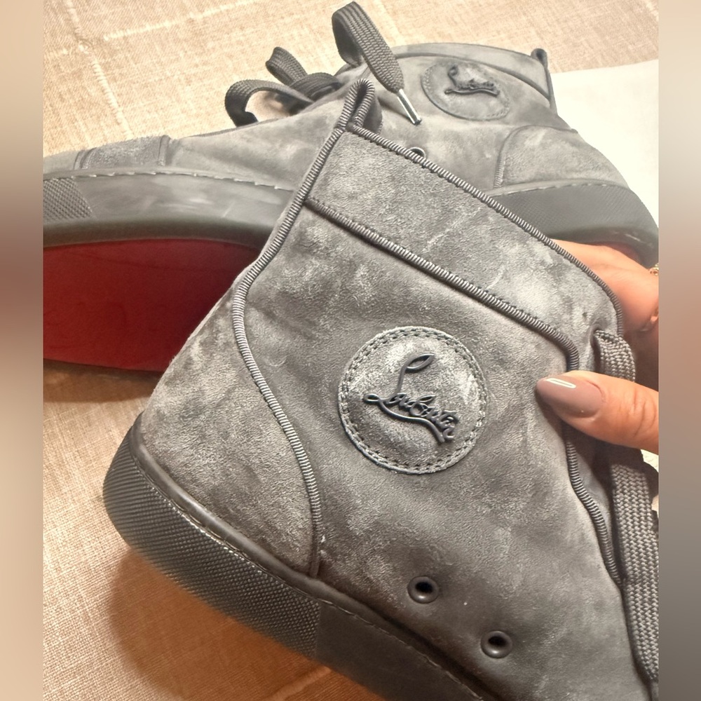 Christian Louboutin Louis Orlato Flat Veau Velours High-Top Sneakers Gray Suede
